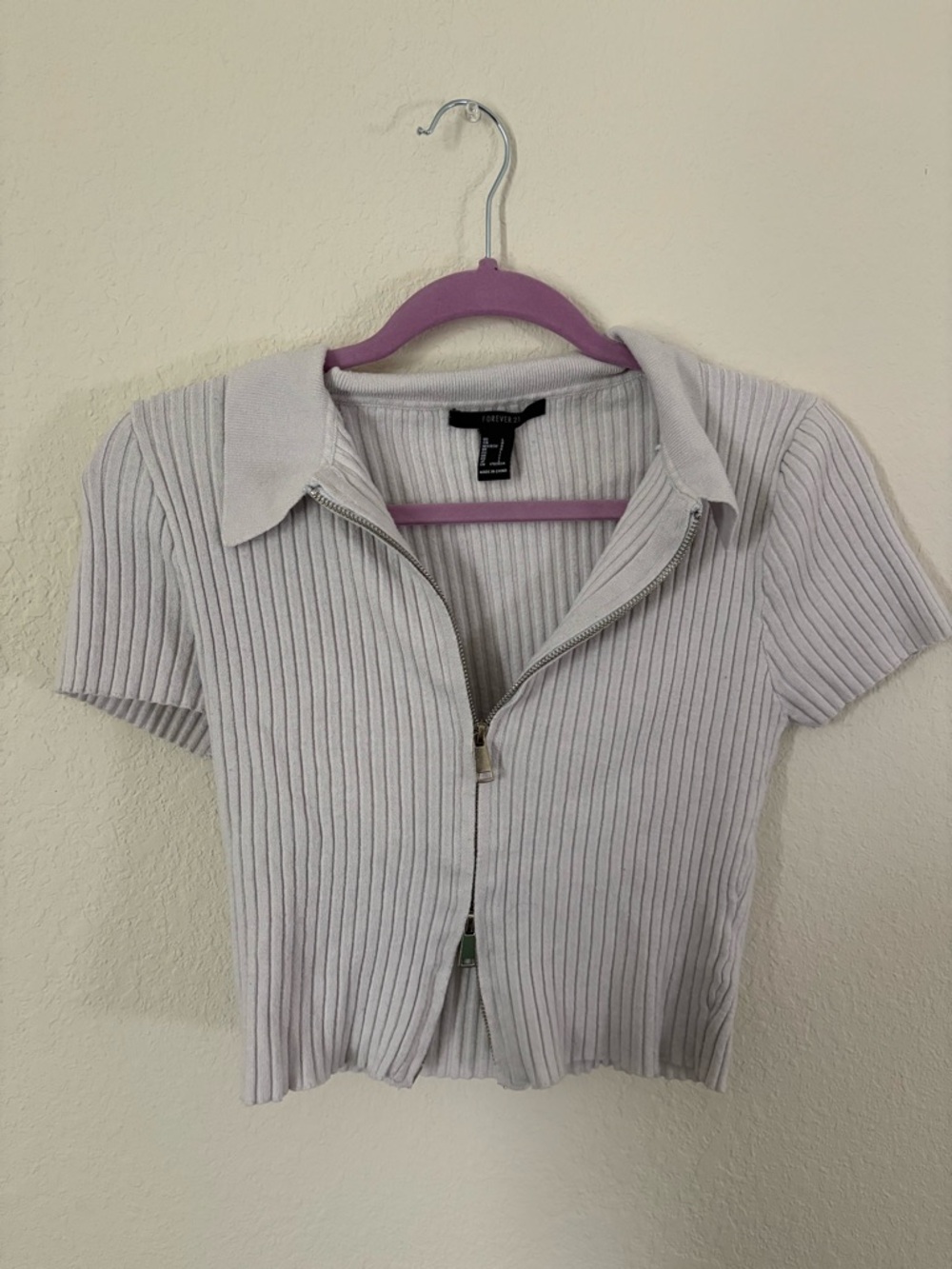 Forever 21 Off-White Ribbed Dual Zip Polo Crop Top